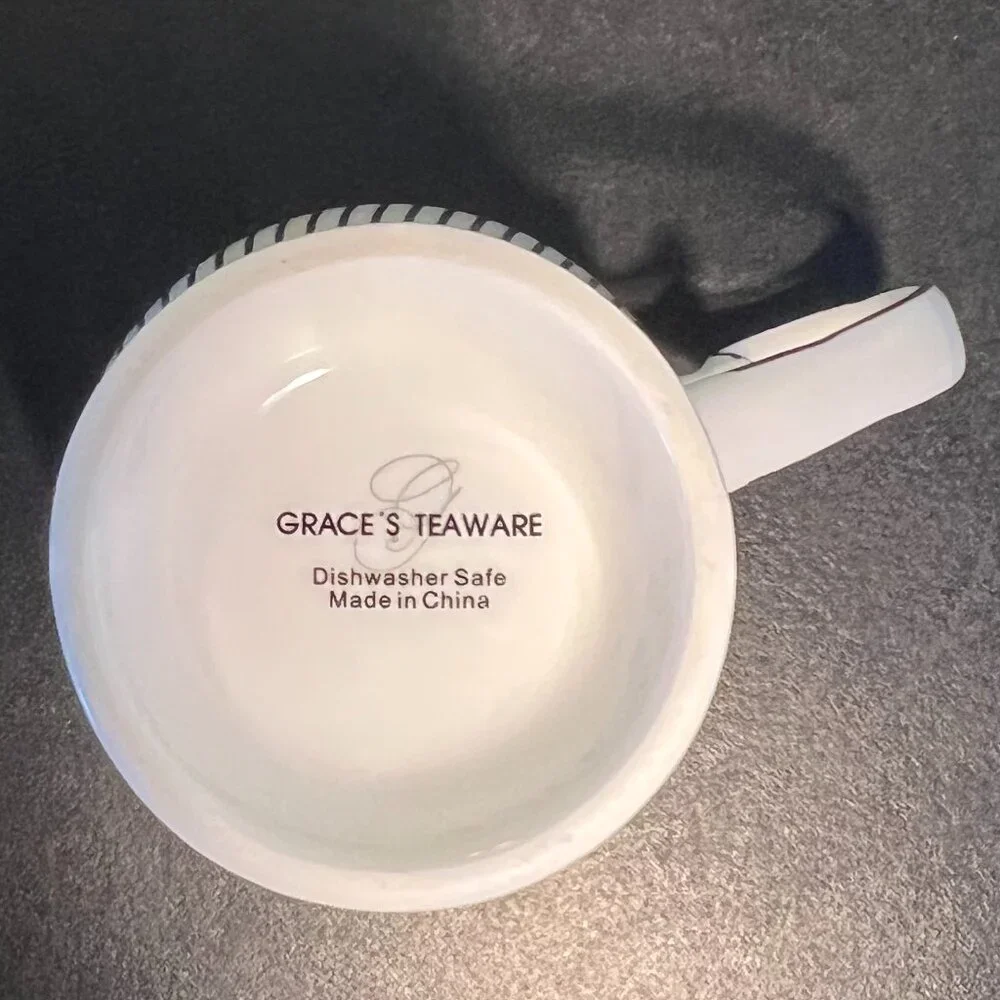Grace’s Teaware Navy Blue White Pinstripe Gold Footed Coffee Mugs Set of 2